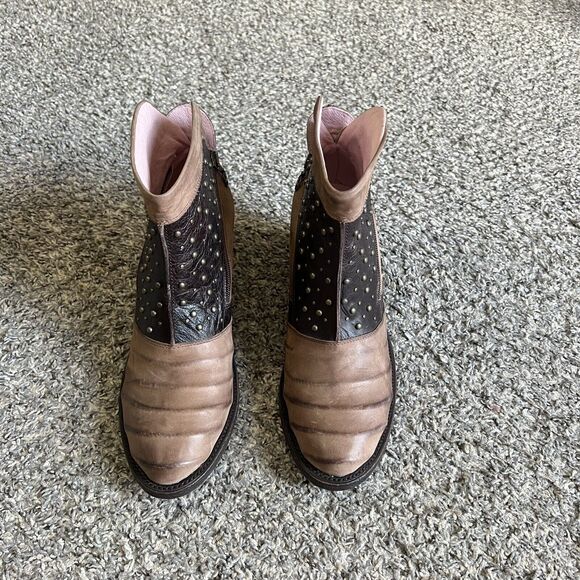 MISS MACIE Studs Ankle Boot 9 M Piper Ribbed Zipper Brown Patchwork Leather New - Picture 2 of 9